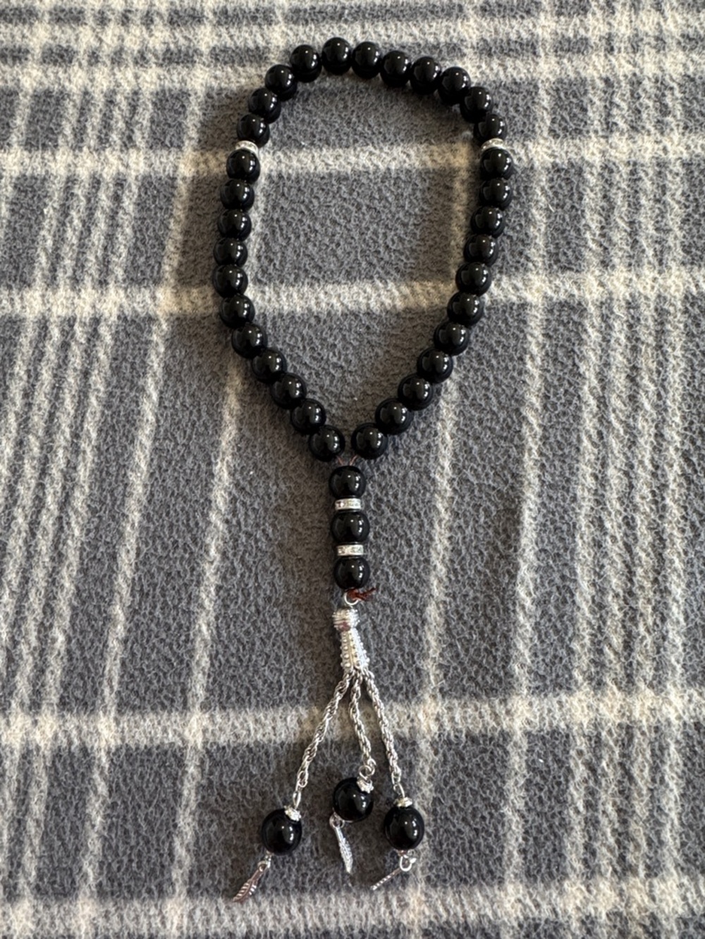 Black & Silver Rosary Tasbhi Beaded Prayer Hand Strand Bracelet